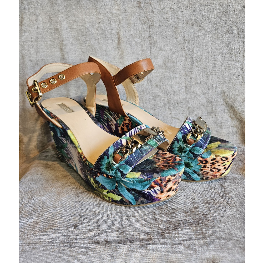 GUESS Multicolor Floral Animal Print Strappy Wedge Sandals Buckle US 9